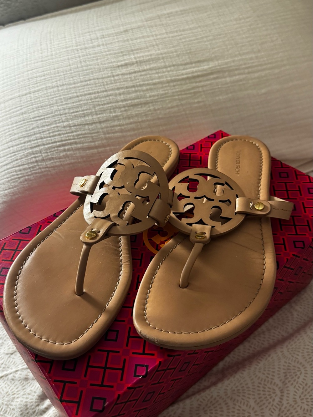 Tory Burch Tan Logo Thong Sandals with Gold Hardware